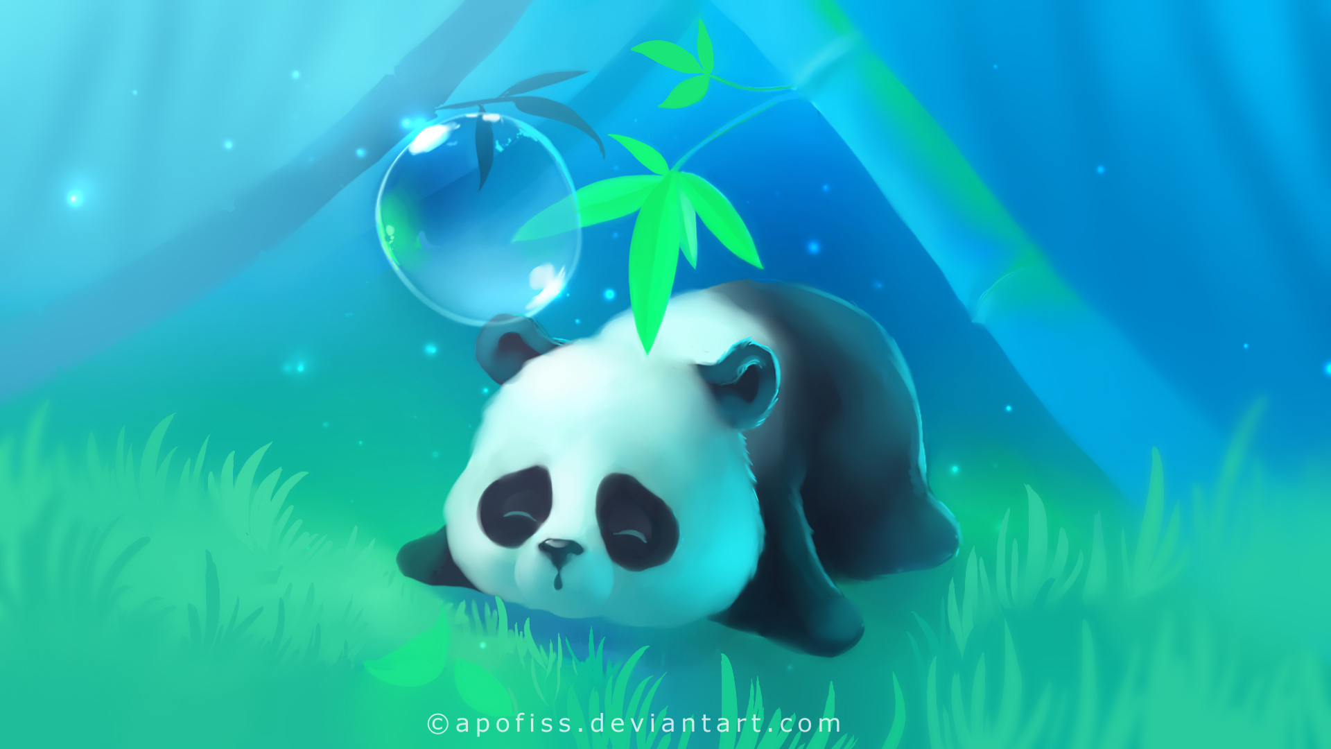 Apofiss Panda Lay Sleeping Bubble Tree Grass Lights Wallpaper