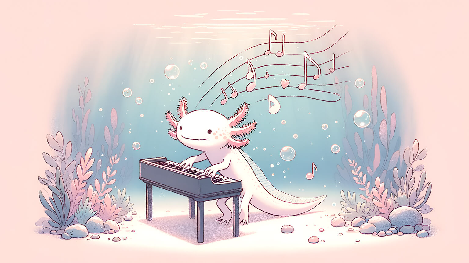 Cute Axolotl Playing Piano Underwater Desktop Wallpaper 4k
