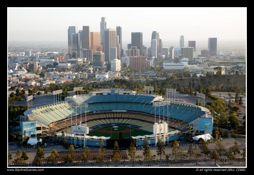 Aerial Of Dodger Stadium And The Downtown Skyline Los Angeles
