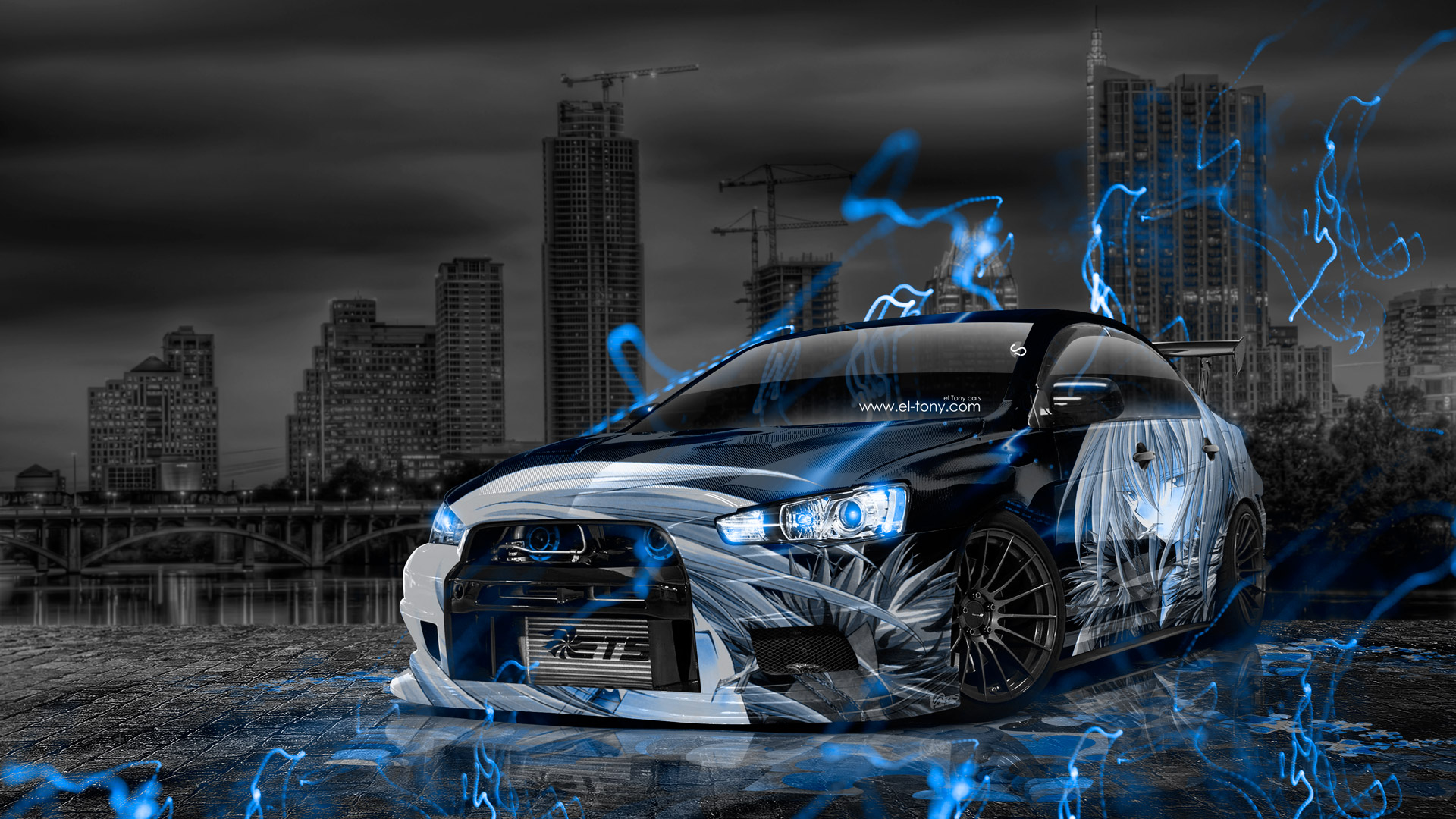 Anime Boy Aerography City Car Blue Neon Effects HD Wallpaper