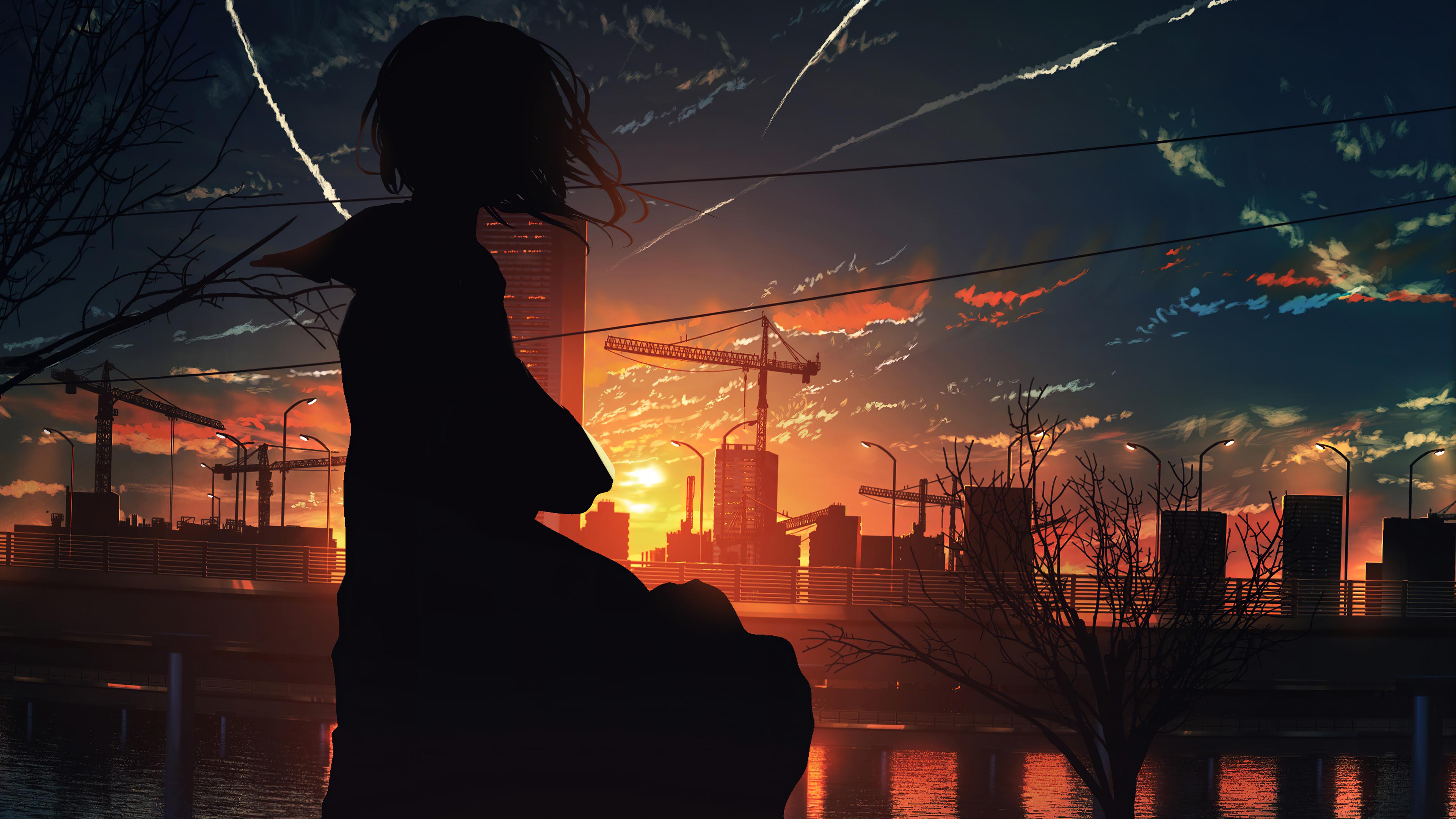 Anime Girl Silhouette Sunset City Scenery 4k Wallpaper iPhone HD
