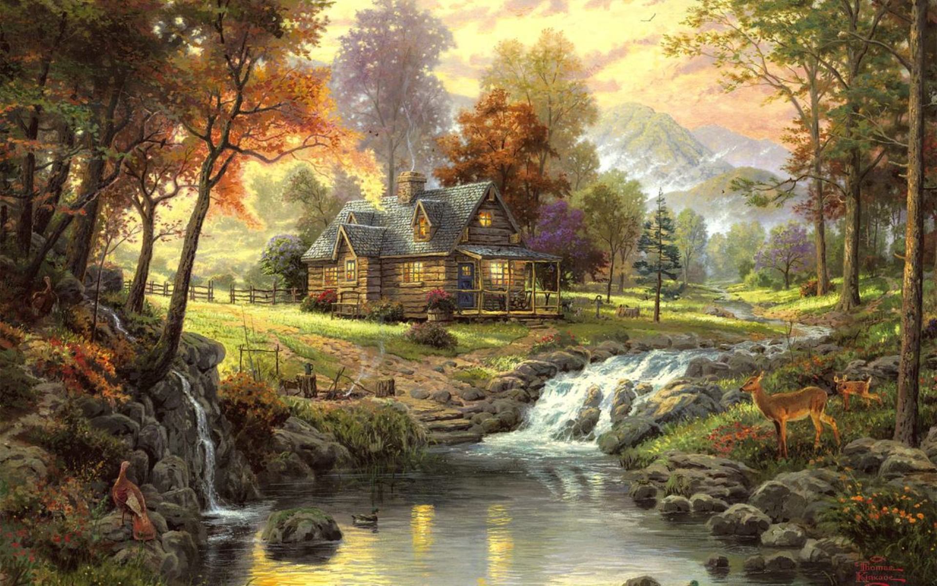 Wallpaper Landscape Thomas Kinkade Autumn Cottage In The Woods HD