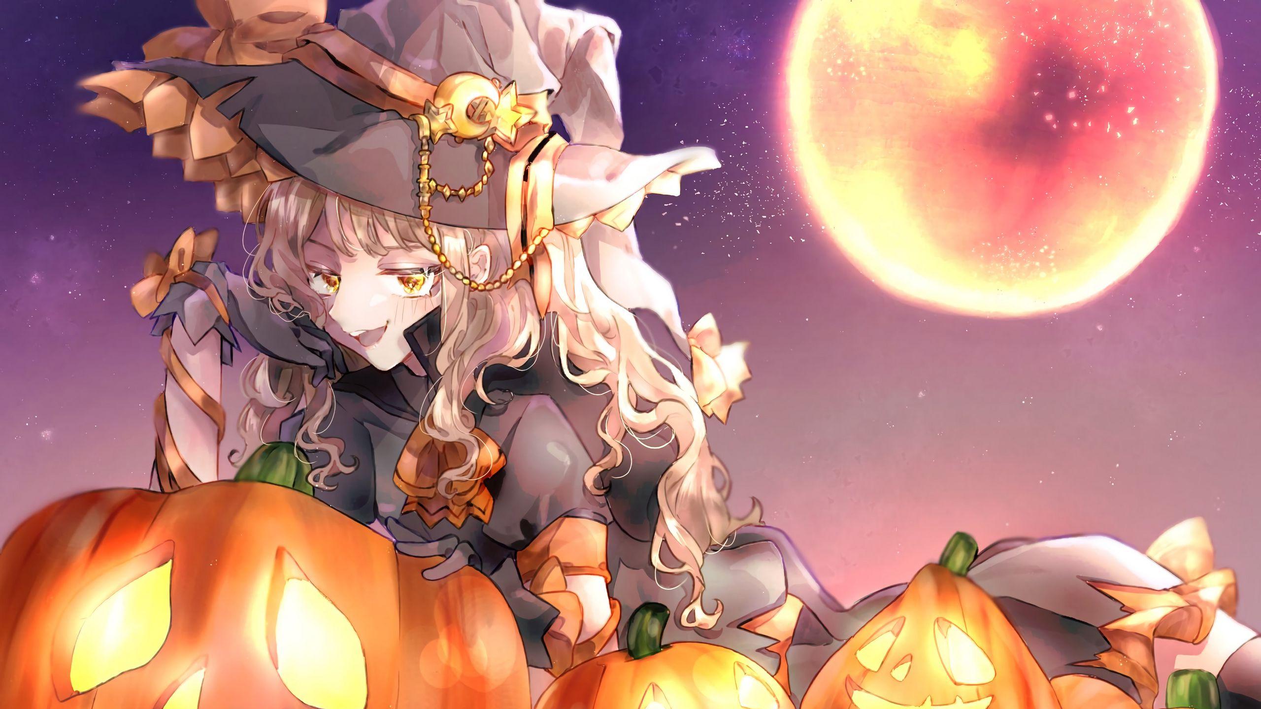 Wallpaper Girl Witch Hat Pumpkin Halloween