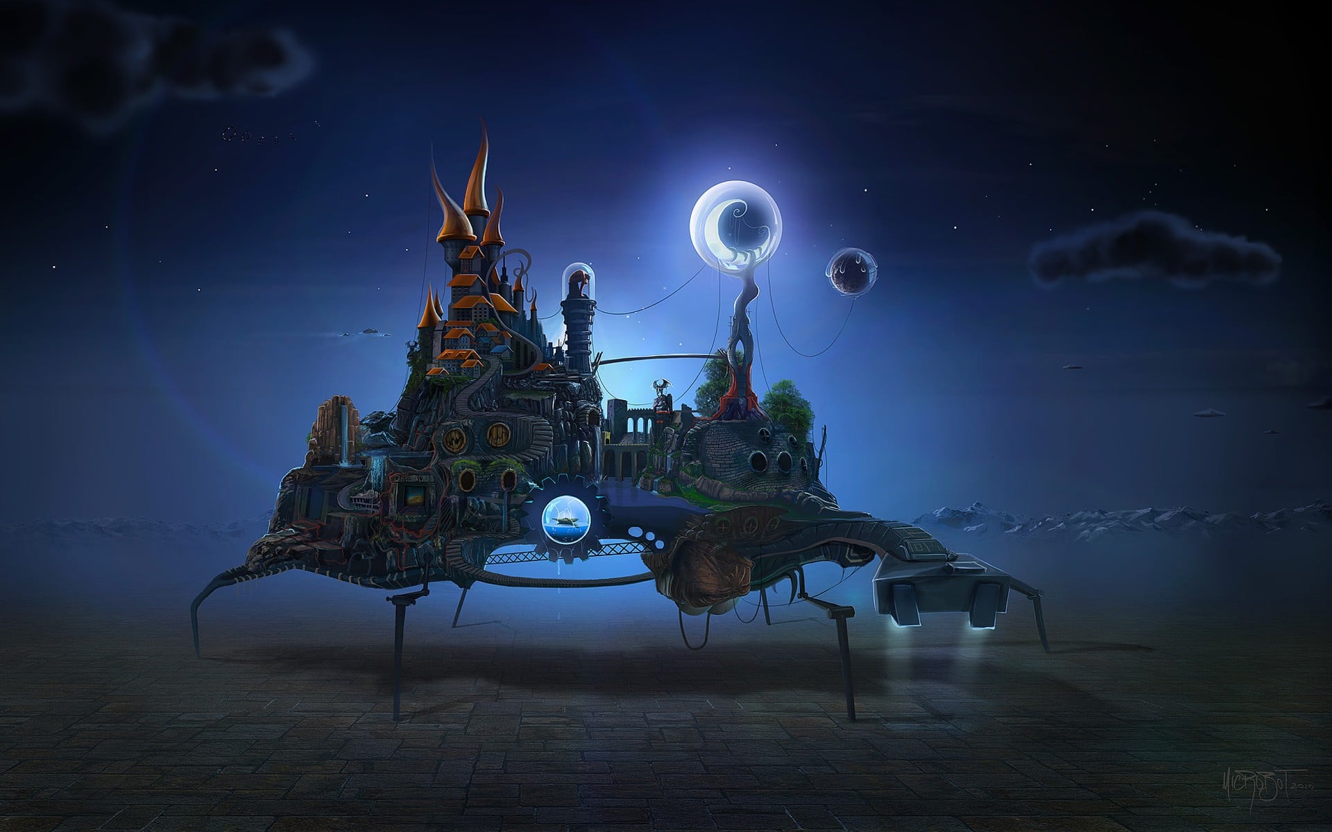 A fantastical, futuristic city built atop a walking mechanical platform, set against a dark, starry night sky. This surreal digital art piece evokes a sense of wonder and adventure