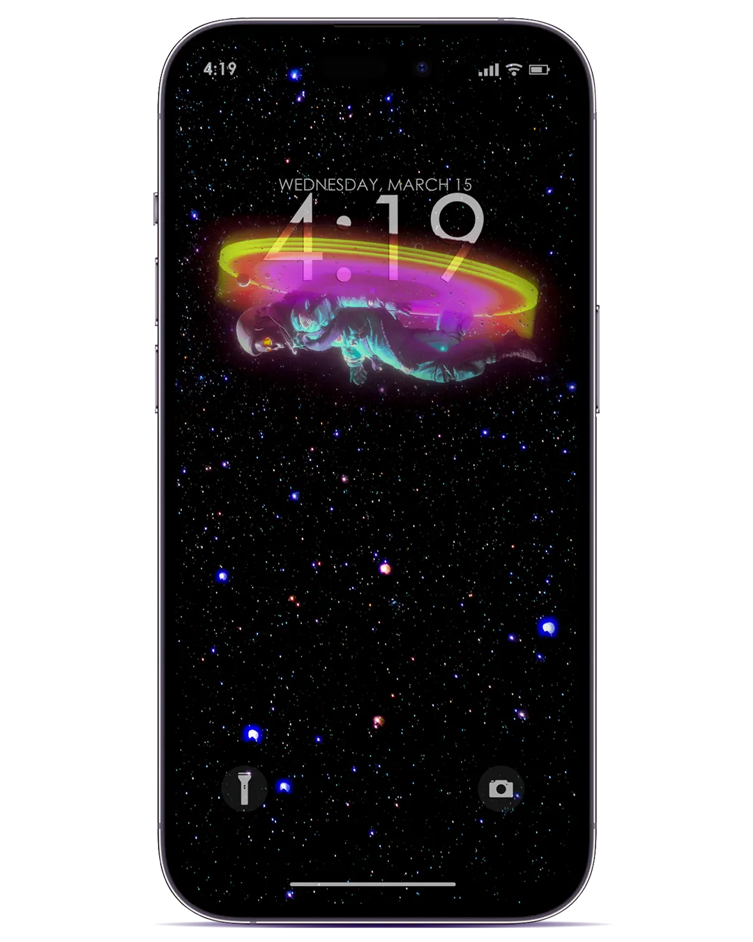 A vibrant 4K wallpaper for mobile devices featuring an astronaut floating in space, surrounded by colorful rings and a starry backdrop. Perfect for fans of space and Bini wallpapers