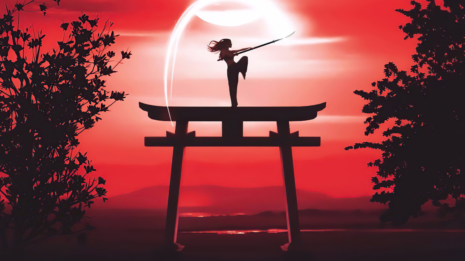 Silhouette of a woman practicing martial arts with a staff, atop a traditional Japanese torii gate, against a vibrant red sunset backdrop