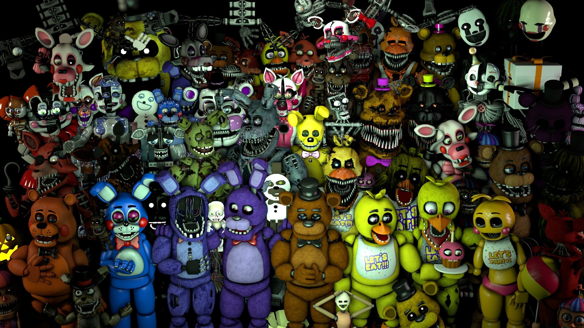 A large group of animatronic characters from the Five Nights at Freddy's (FNAF) franchise in a variety of poses and conditions