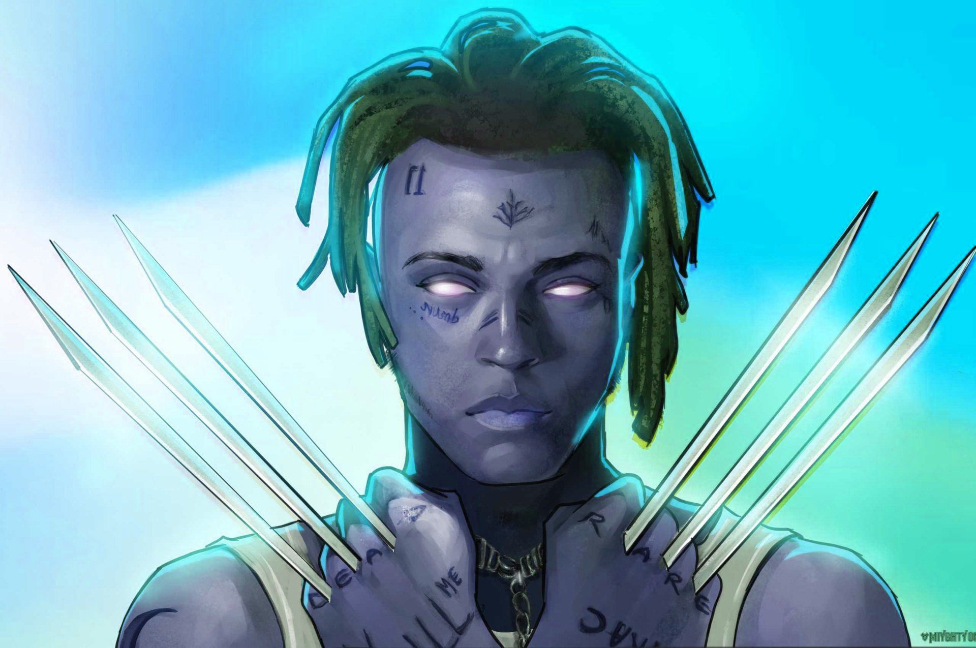 A stylized portrait of XXXTentacion with Wolverine-like claws, against a vibrant teal background
