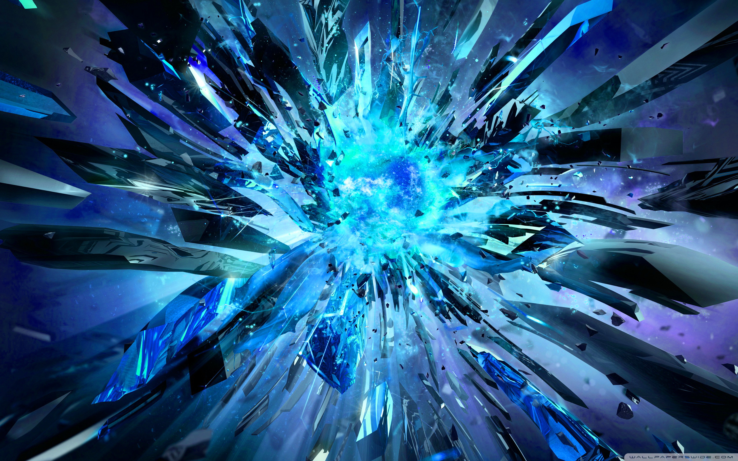 Abstract explosion of blue and black shards, radiating outwards from a central bright blue core. Creates a dynamic and energetic visual
