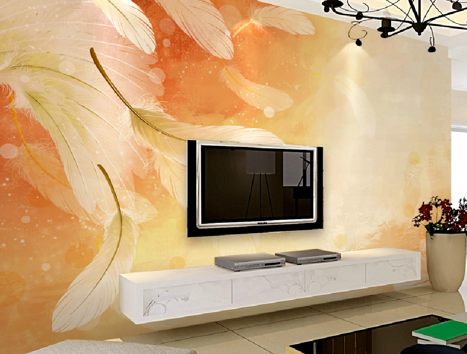 Living Room Tv Wall Design With Feather Wallpaper