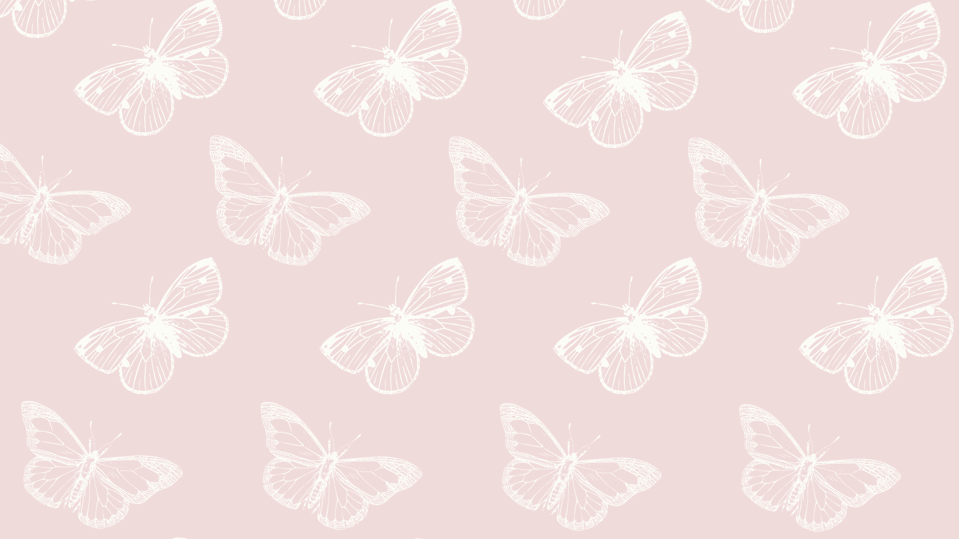 A repeating pattern of delicate white butterfly illustrations on a soft pink background, suitable for a laptop wallpaper