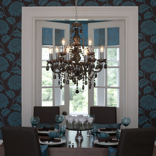 Dining Room Designs Chandeliers Blue Floral Wallpaper