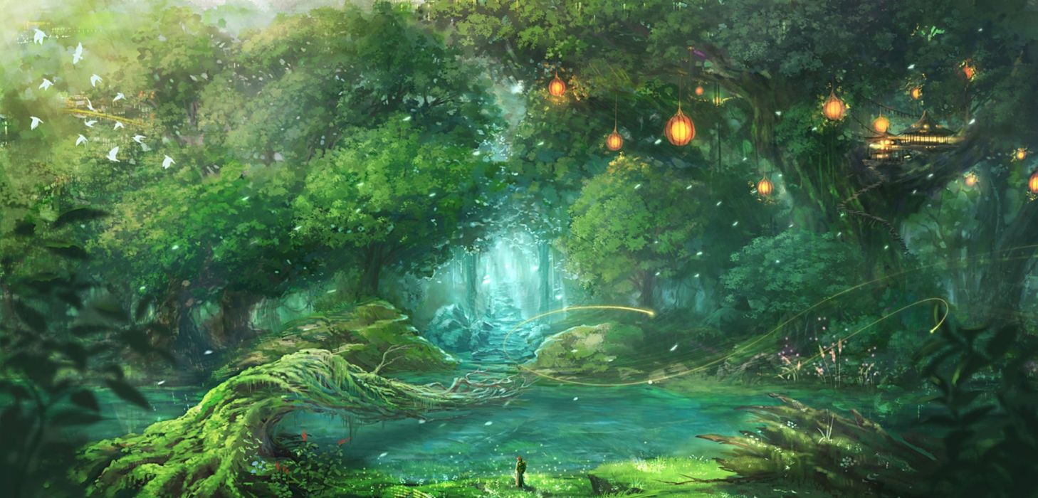 Anime Forest, sun, sunlight, carv, forrest, tree, anime, bright, orignal  artwork, HD wallpaper | Peakpx