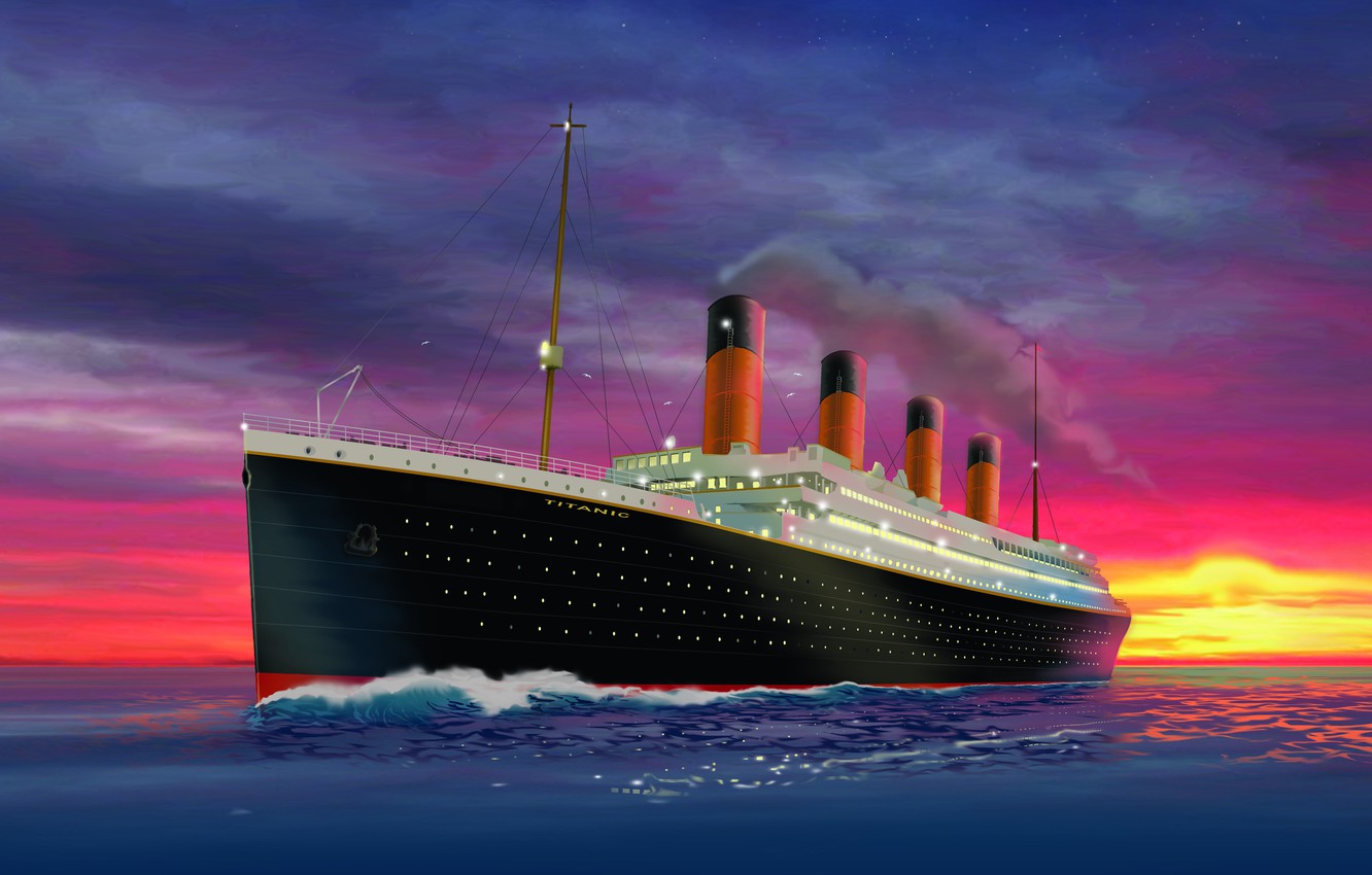 Wallpaper Sunset The ocean Figure Titanic The ship Nose Art