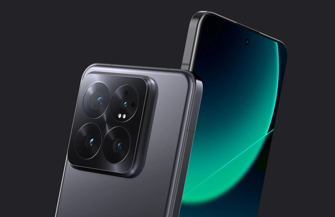 Close-up render of the Xiaomi 14 Pro, showcasing its sleek design and prominent camera module with multiple lenses