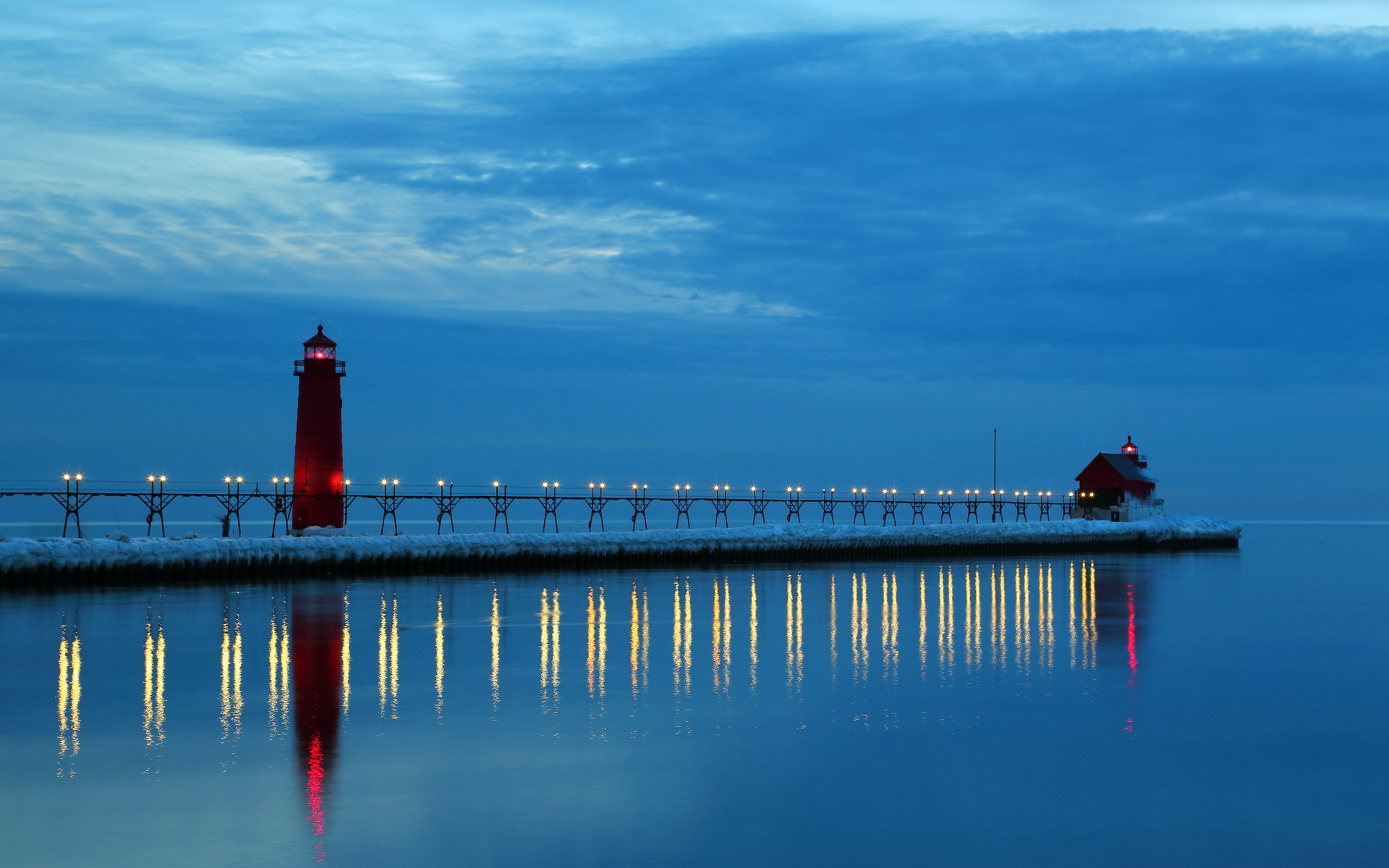 Lake Michigan Night Lighthouse Reflection Sky Wallpaper