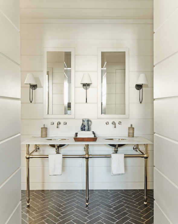 Gray Herringbone Brick Floor Tiles Transitional Bathroom