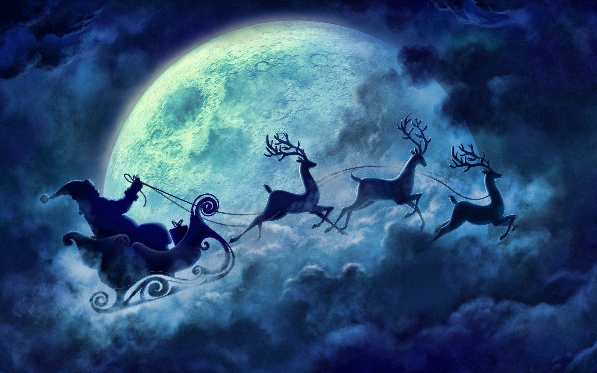 Christmas Night Santa Clause Raindeer Sleigh Desktop Wallpaper