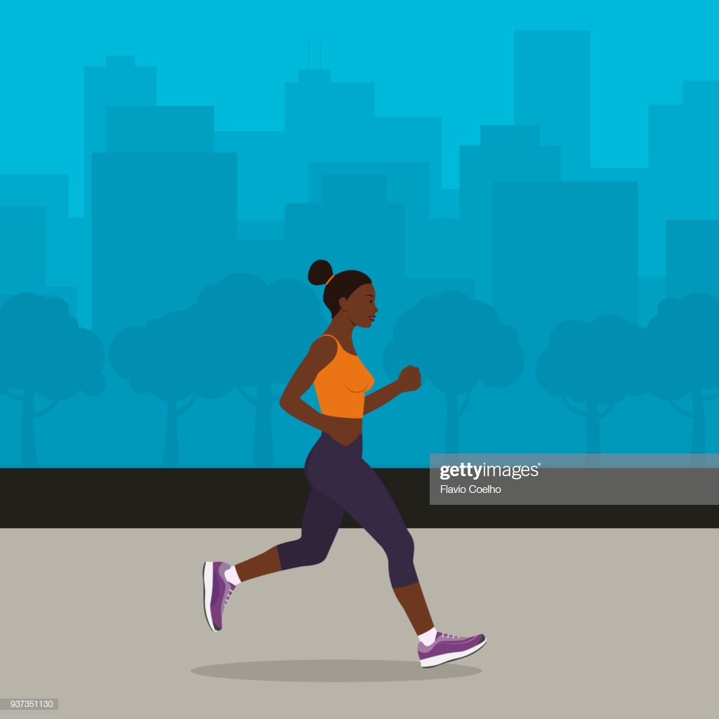 Black Woman Jogging With Cityscape On The Background Illustration