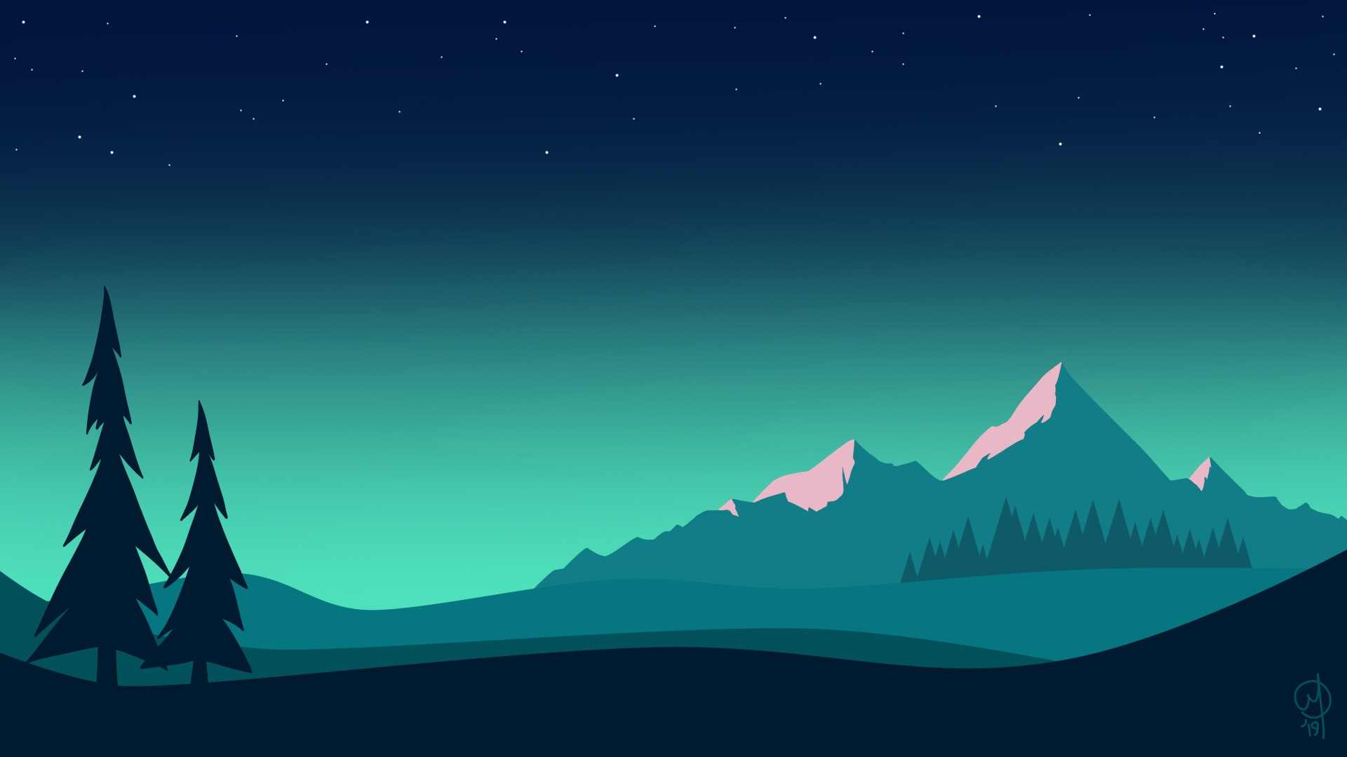 A minimalist 4K wallpaper featuring a serene mountain landscape under a starry night sky. Silhouetted pine trees stand in the foreground, while the snow-capped peaks of the mountains glow softly in the background. The color palette is predominantly cool, with shades of teal and dark blue, creating a peaceful and calming atmosphere