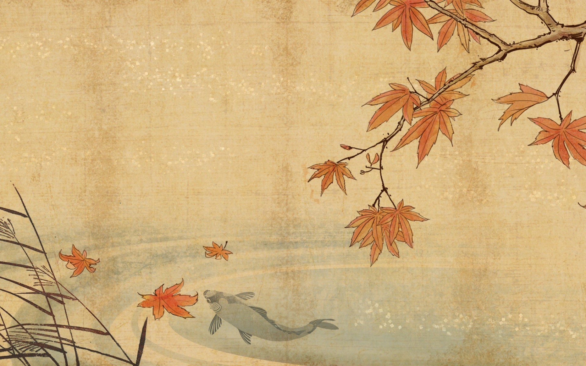A serene illustration in a Japanese aesthetic style, featuring a fish swimming among fallen autumn leaves. An overhanging branch displays vibrant orange maple leaves, creating a tranquil autumn scene