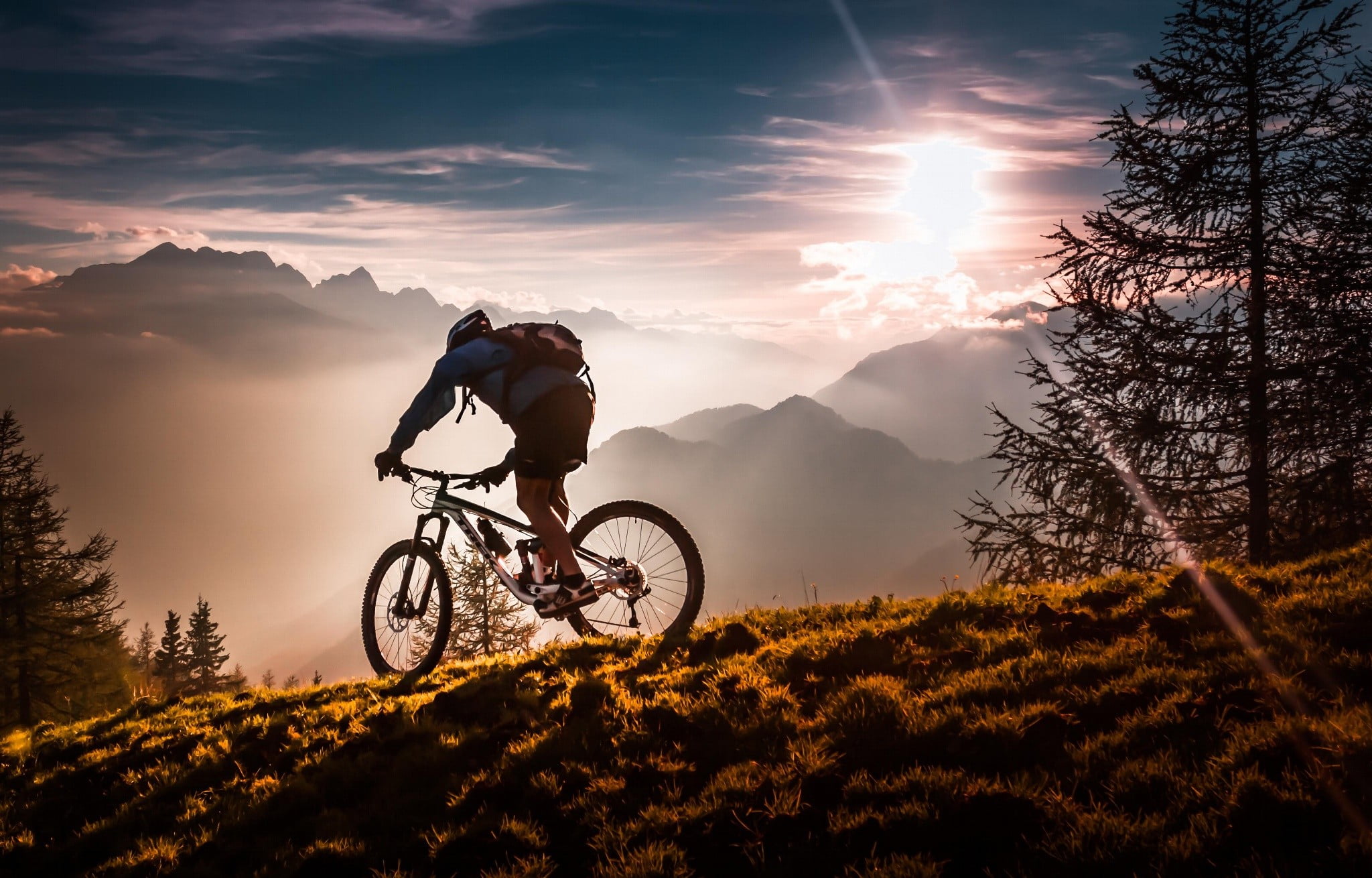Man Riding Mountain Bike Under Sunset HD Wallpaper