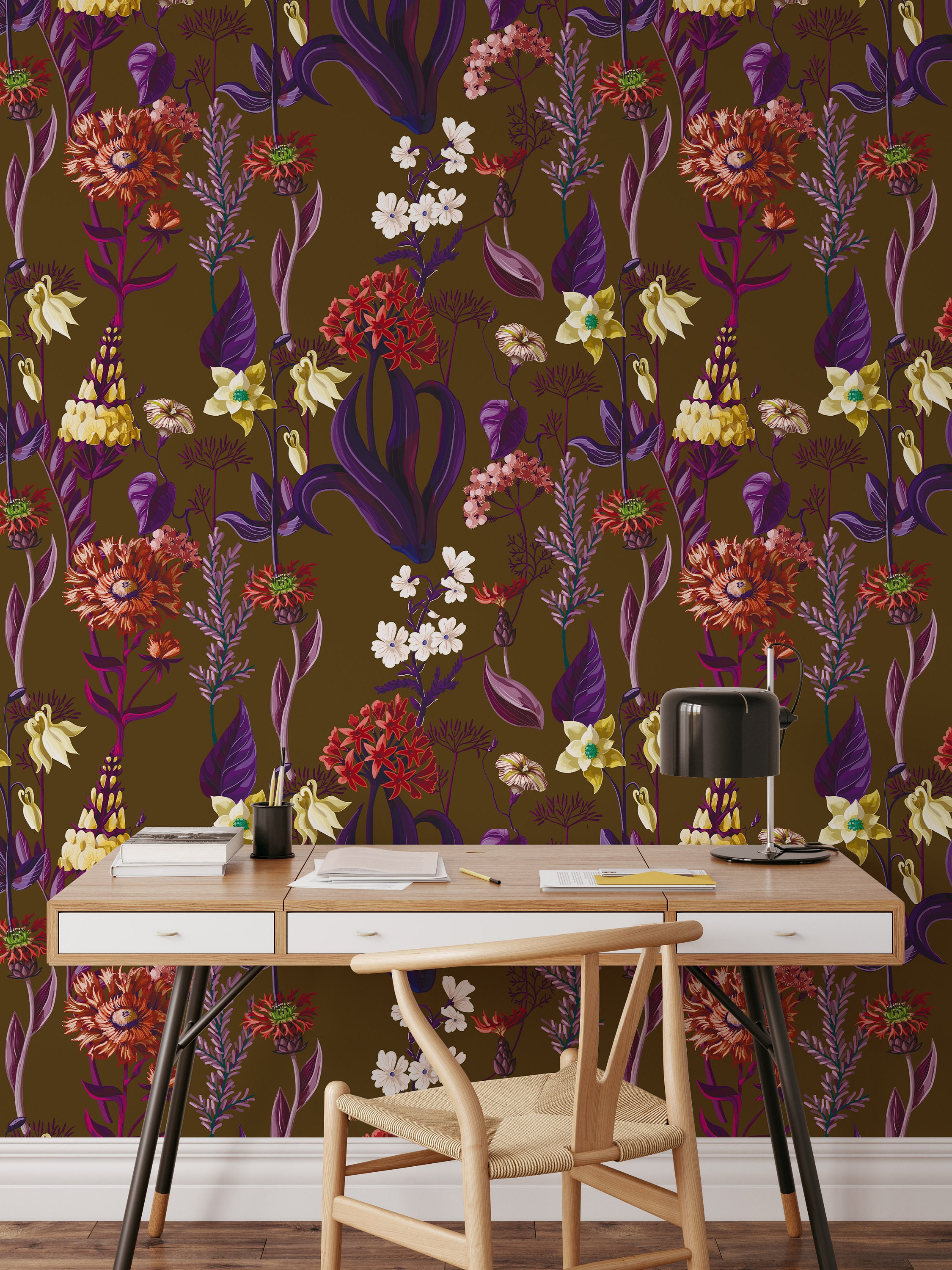 Retro 70s Floral Wallpaper Aesthetic Brown Flowers Wall Decor