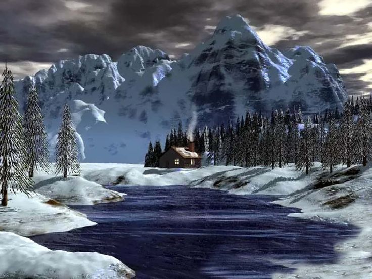 Log Cabins With Mountain Scenery Winter