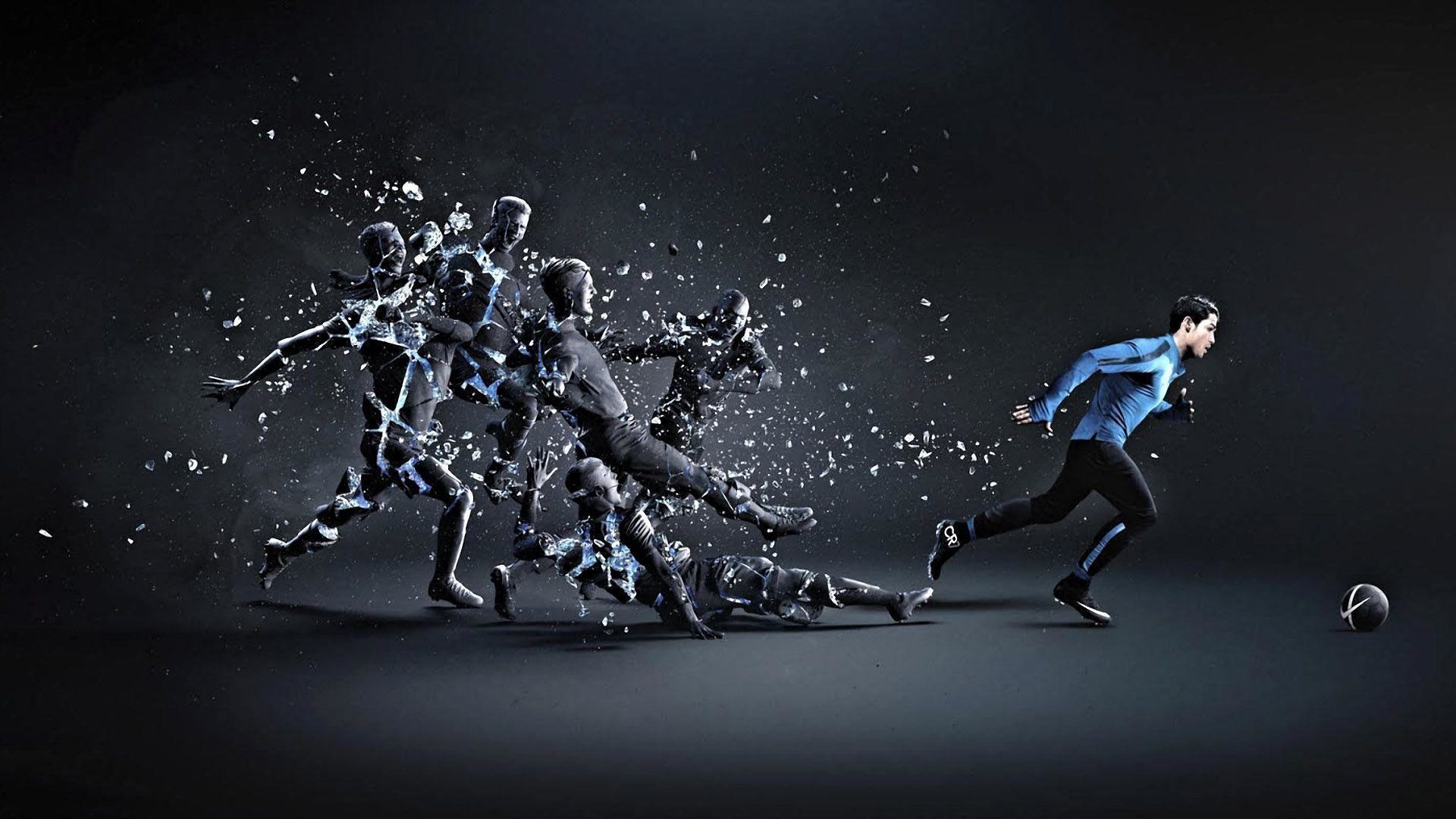 A dynamic image of a football player in motion, with fragmented, ghost-like figures trailing behind, symbolizing speed and agility. Nike football attire is prominently featured