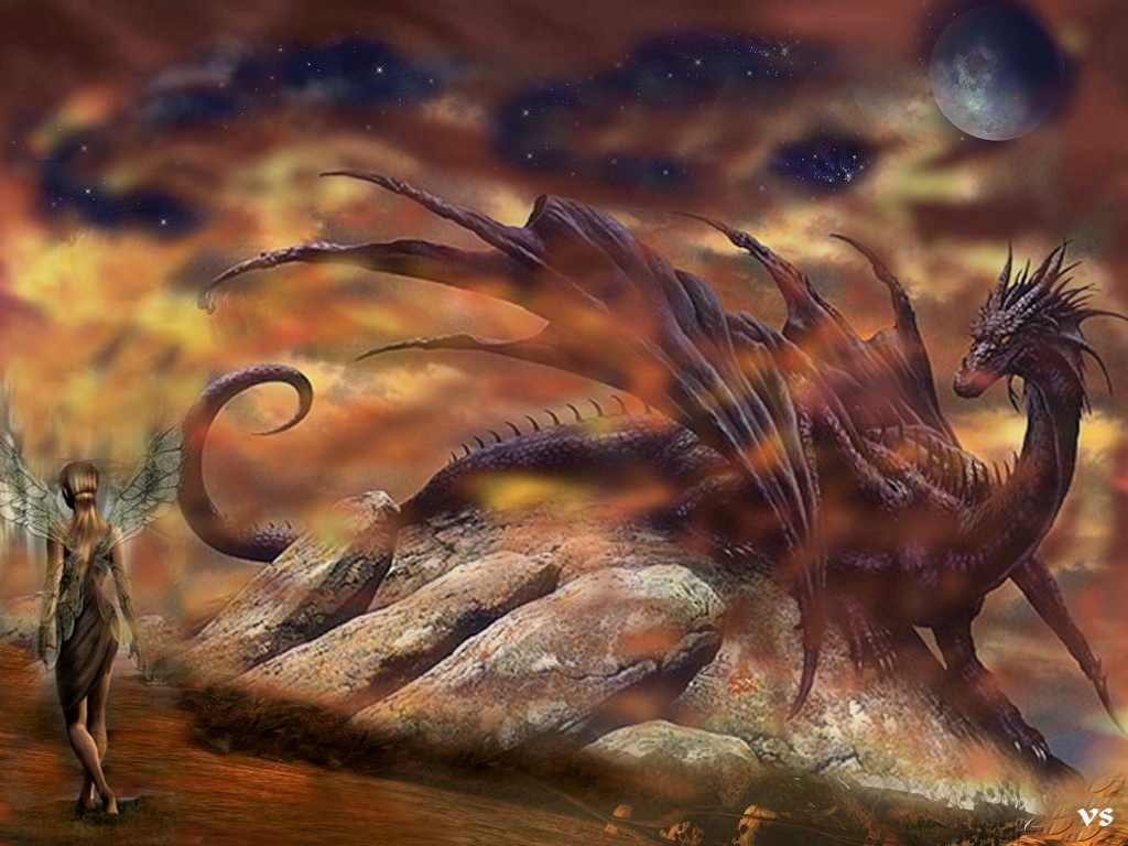 A majestic dragon perched atop a rocky outcrop, with a fairy observing from the foreground, set against a dramatic sky with swirling clouds and a full moon