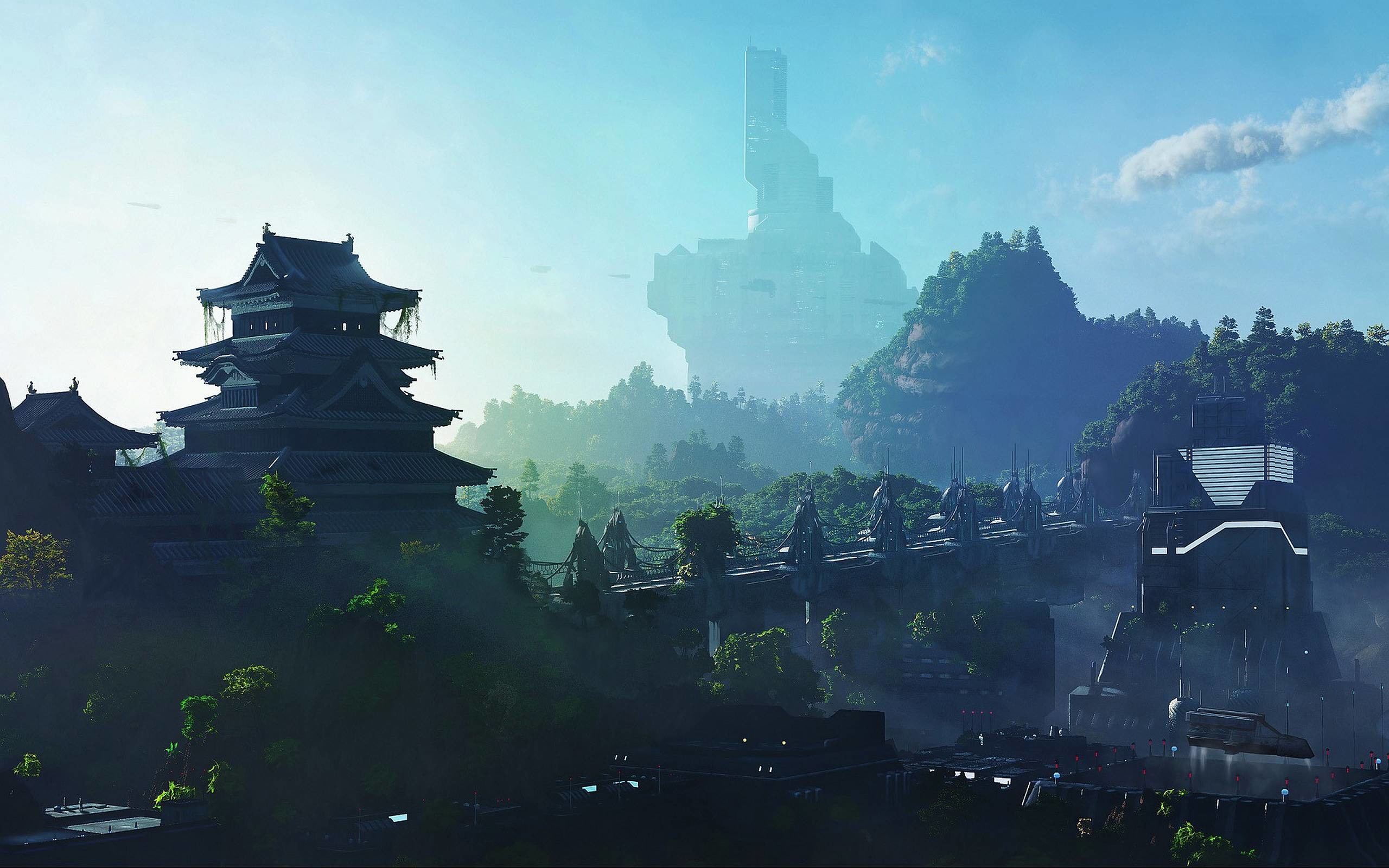 A futuristic cityscape blends seamlessly with traditional Japanese architecture, featuring a multi-tiered pagoda nestled among lush greenery and advanced, sleek structures