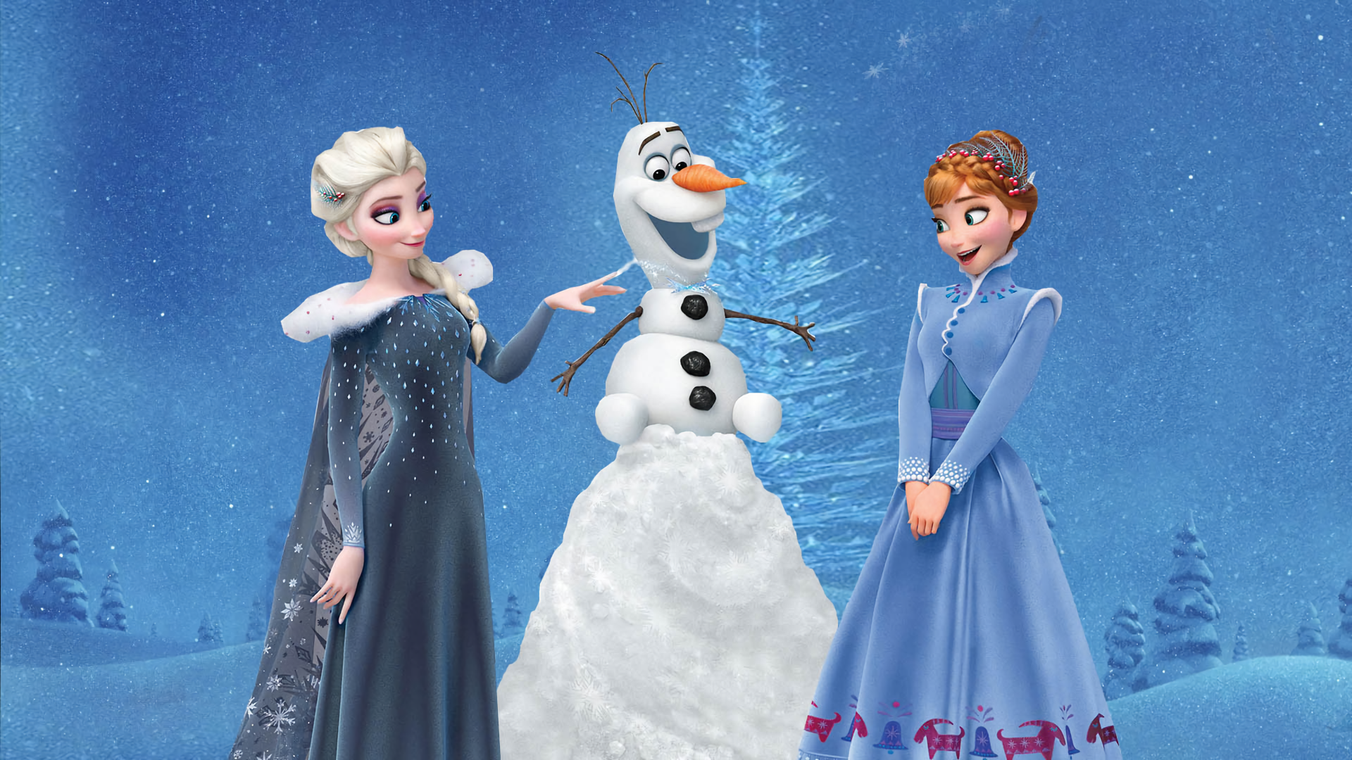 Elsa, Anna, and Olaf in a snowy scene from Frozen