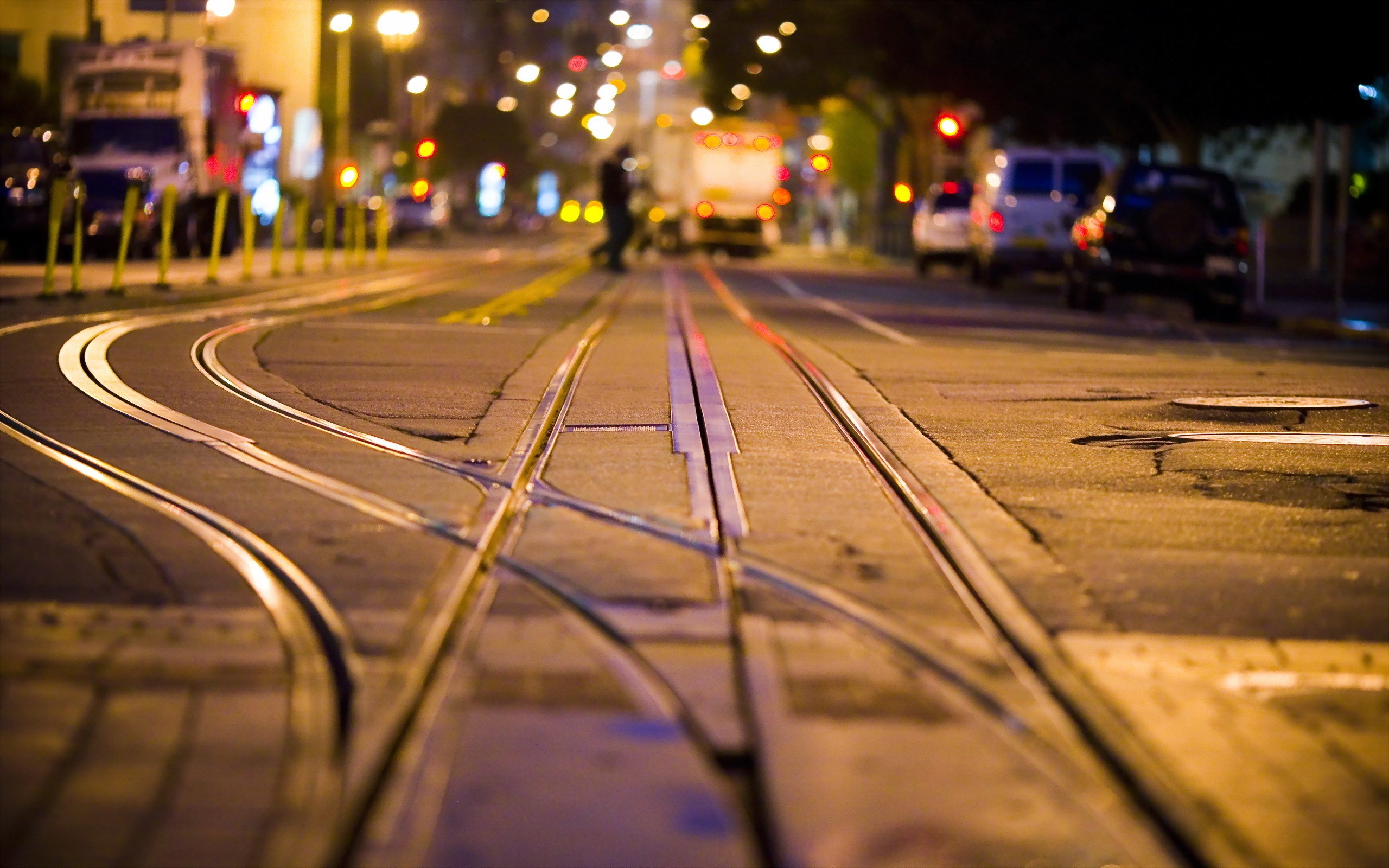 City Street Rails Night HD Wallpaper