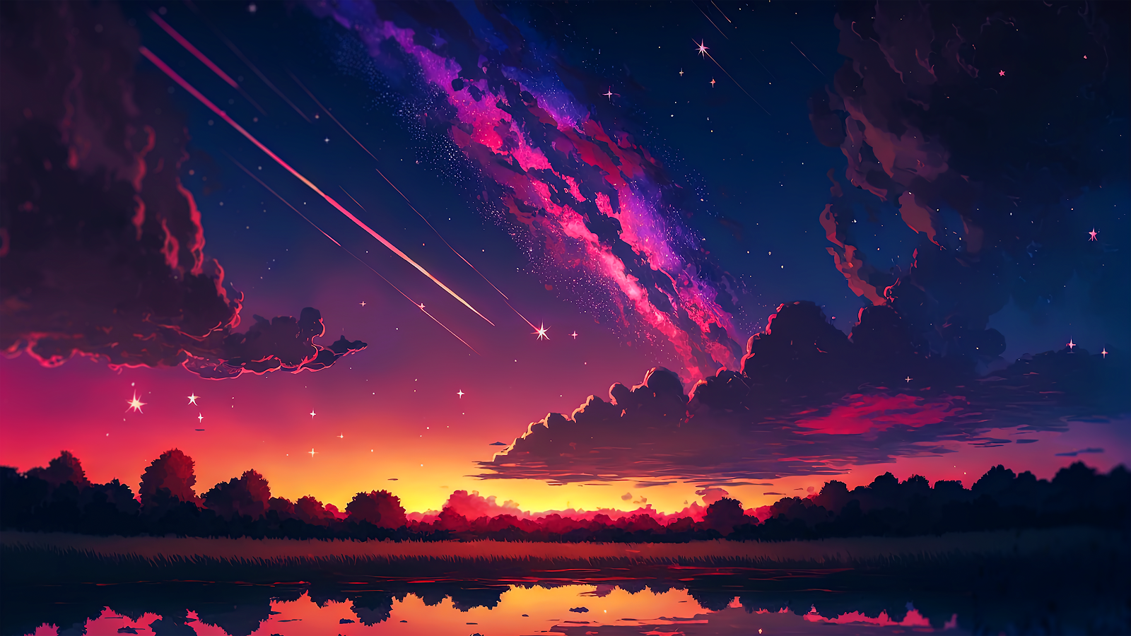 Vivid sunset with shooting stars reflecting in a tranquil lake, HD wallpaper