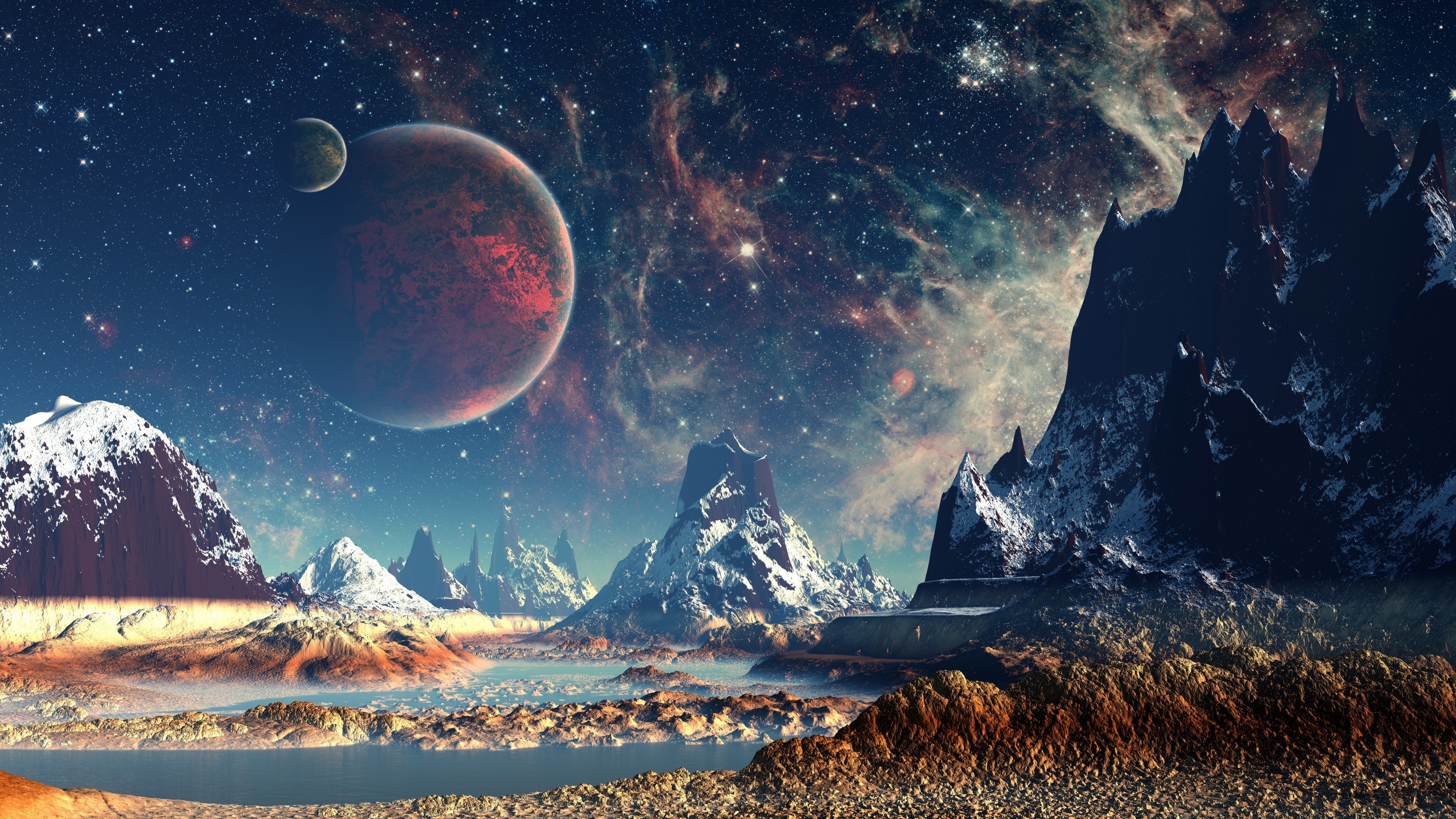 A breathtaking vista of an alien planet, dominated by towering, snow-capped mountains and a large, rust-colored planet in the sky