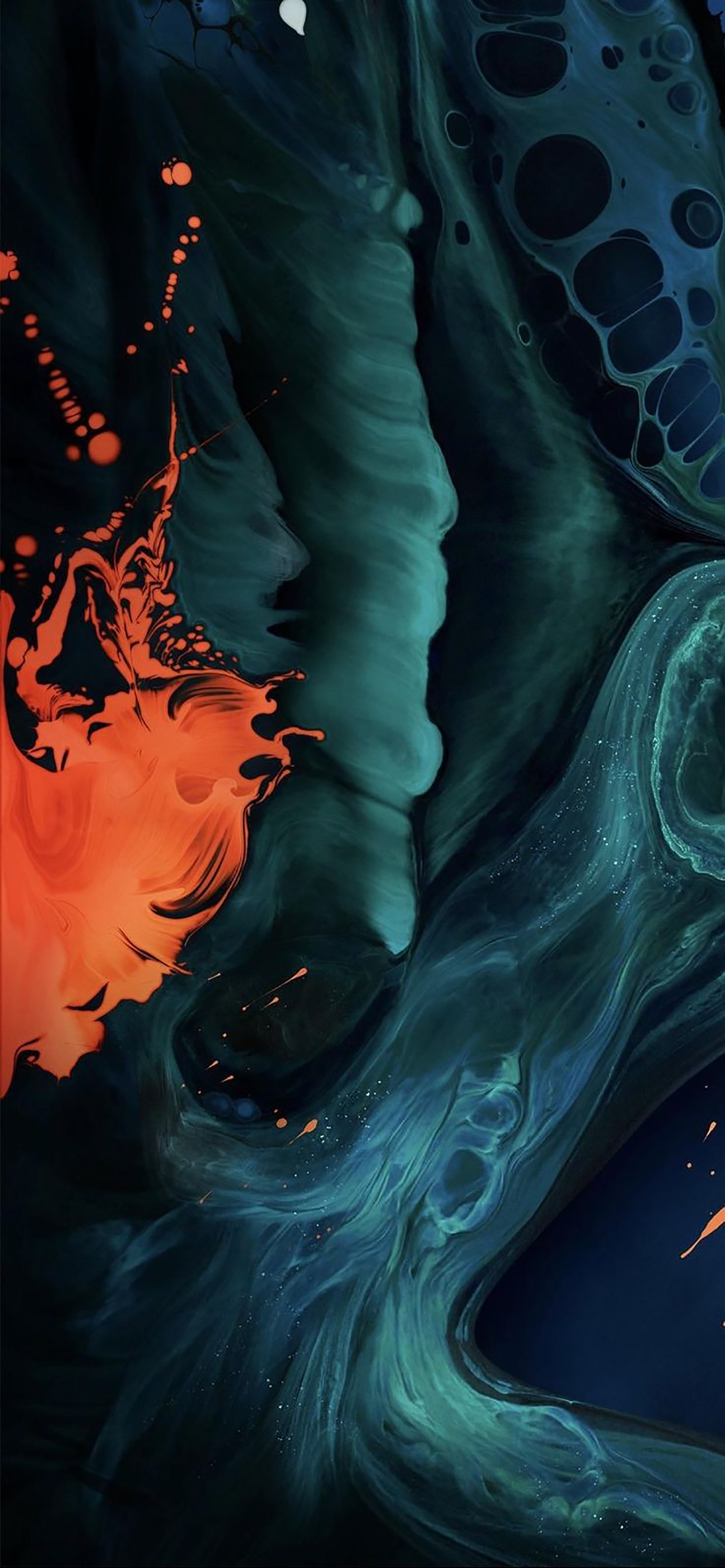 Abstract iPhone 14 Pro Max wallpaper with swirling teal and orange colors on a dark background