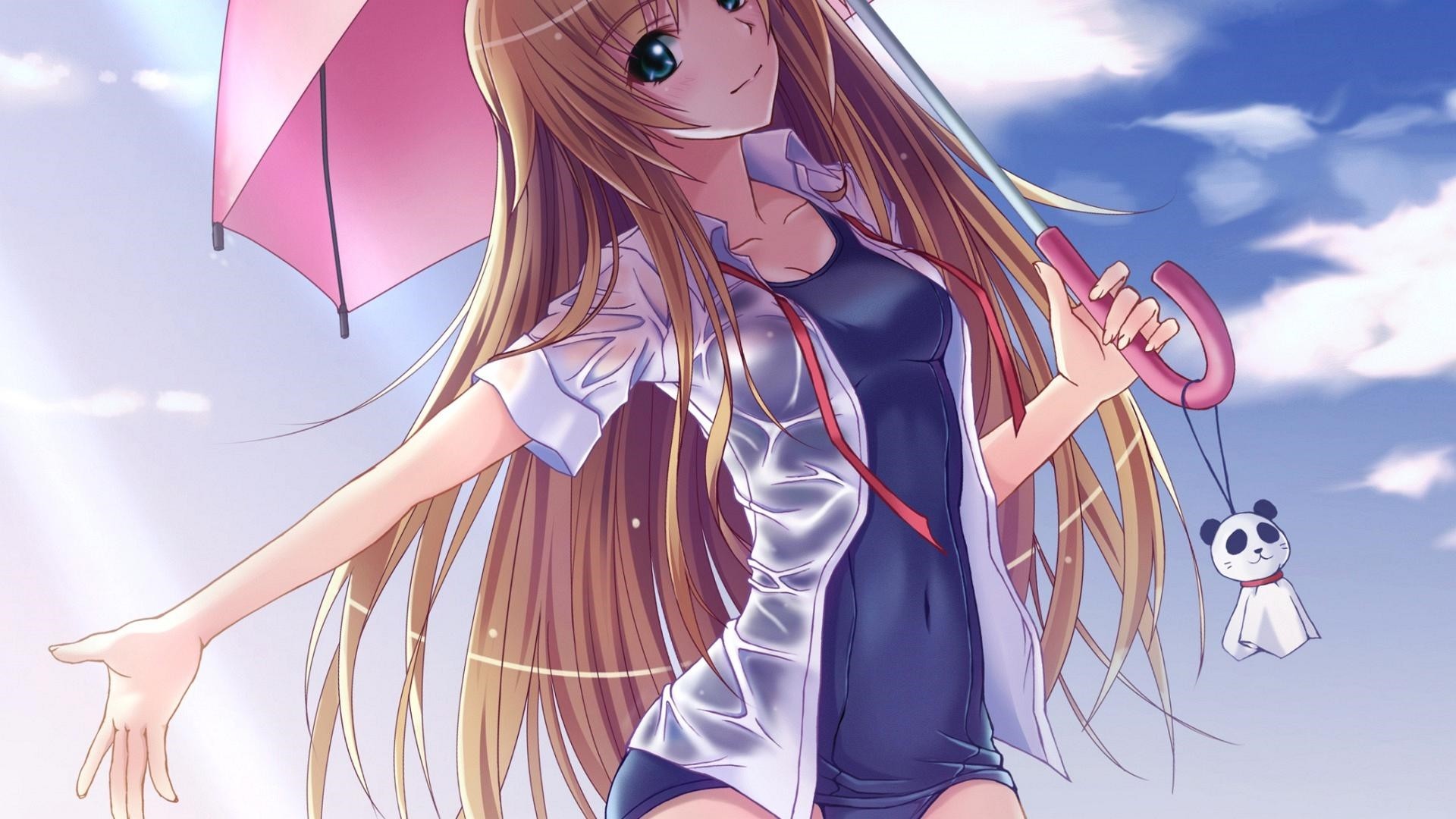 A cute anime girl holds a pink umbrella with a panda charm, wearing a wet shirt over her swimsuit, against a blue sky with fluffy clouds