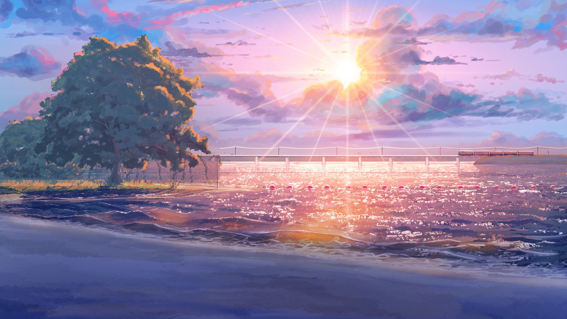 Endless Summer Anime Sun Tree Sky Cloud Amazing Wallpaper