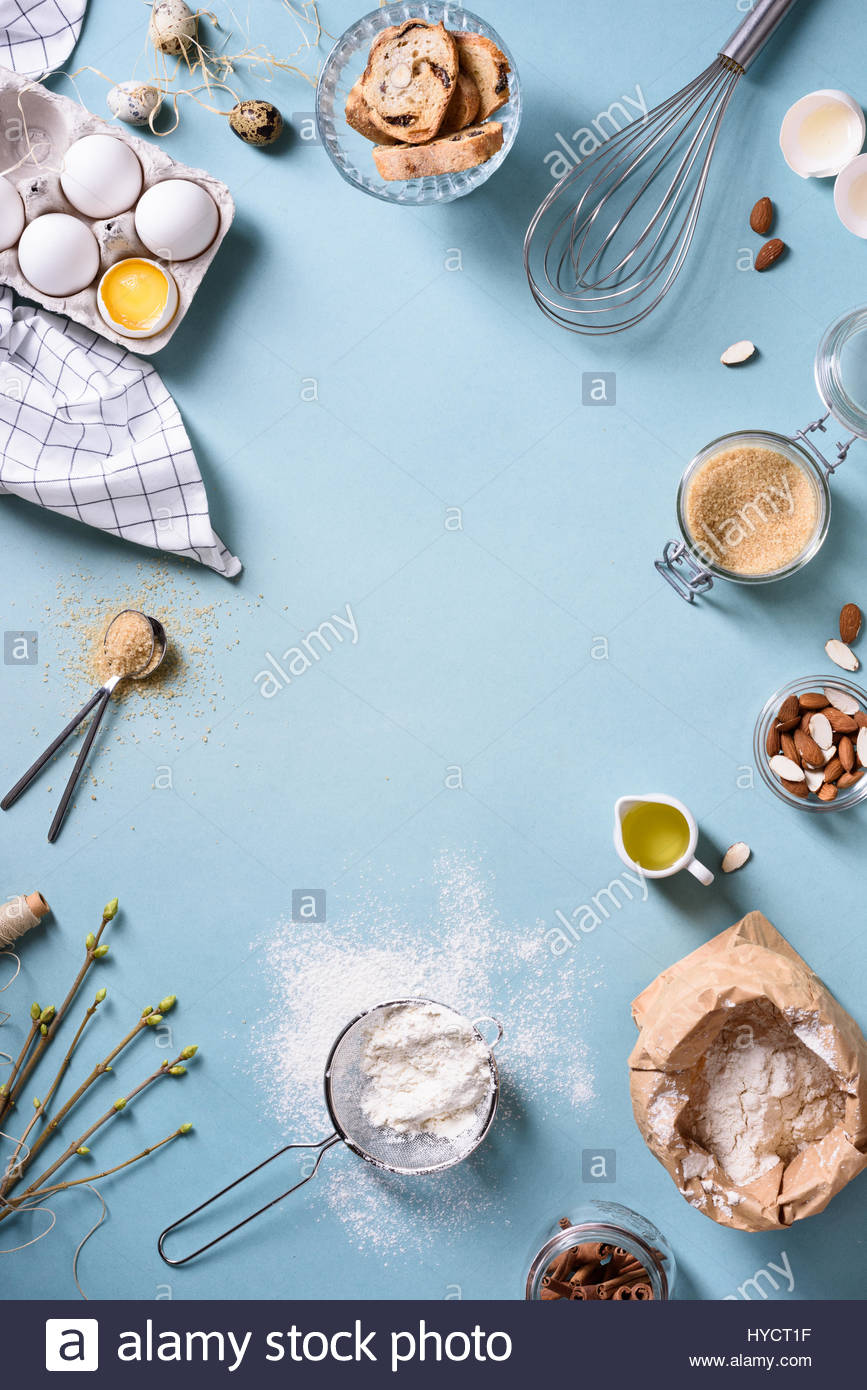 Bakery Background Baking Ingredients Over Blue Kitchen Countertop