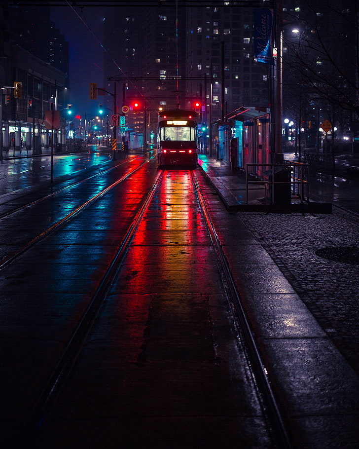 HD Wallpaper Black And Gray Train Trolley Stop City Evening
