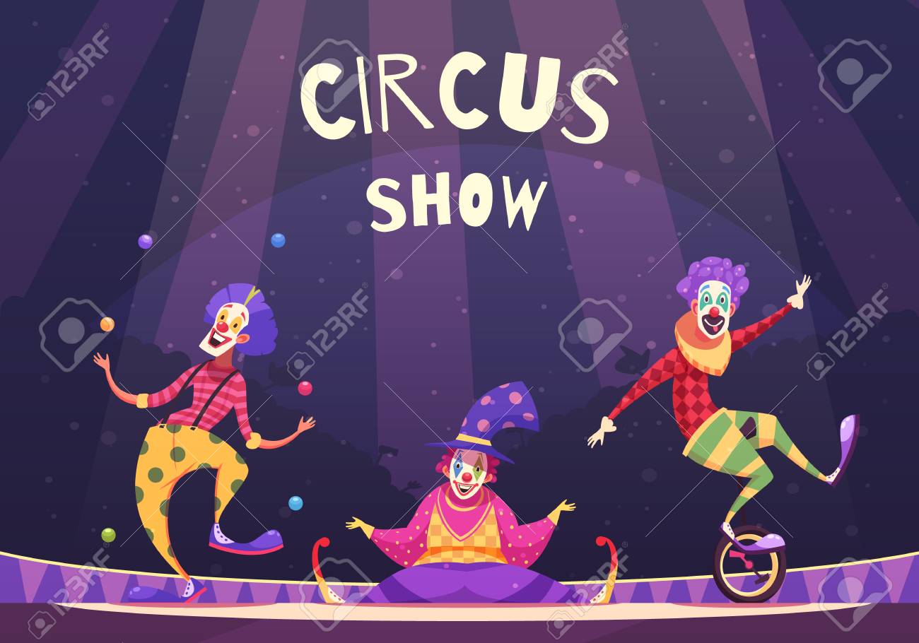 Circus Show With Clowns On Arena Including Juggler Comedian