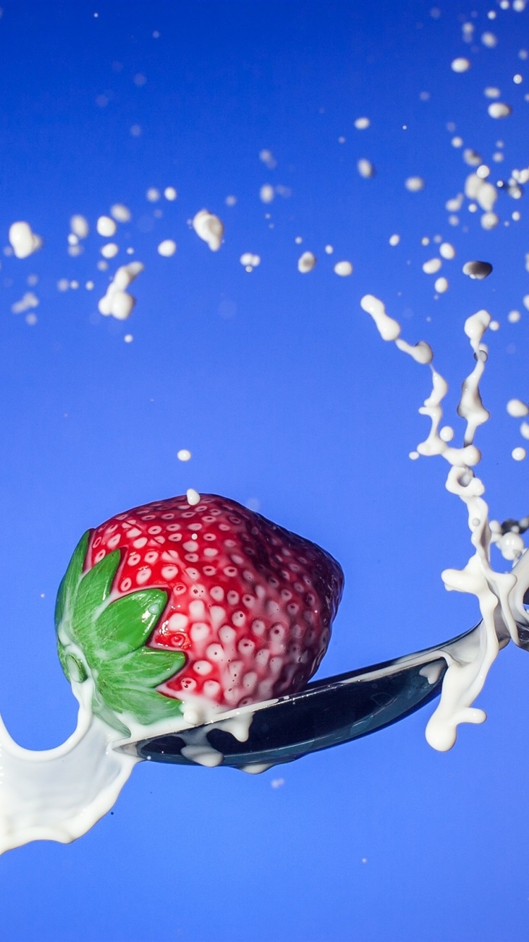 Strawberry Milk Splash Spoon Blue Background iPhone