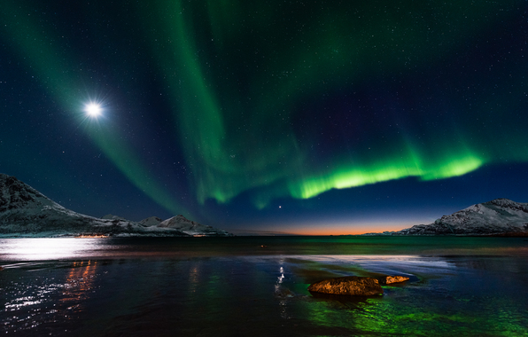 Norway Northern Lights Night Stars Trees Water Wallpaper Photos