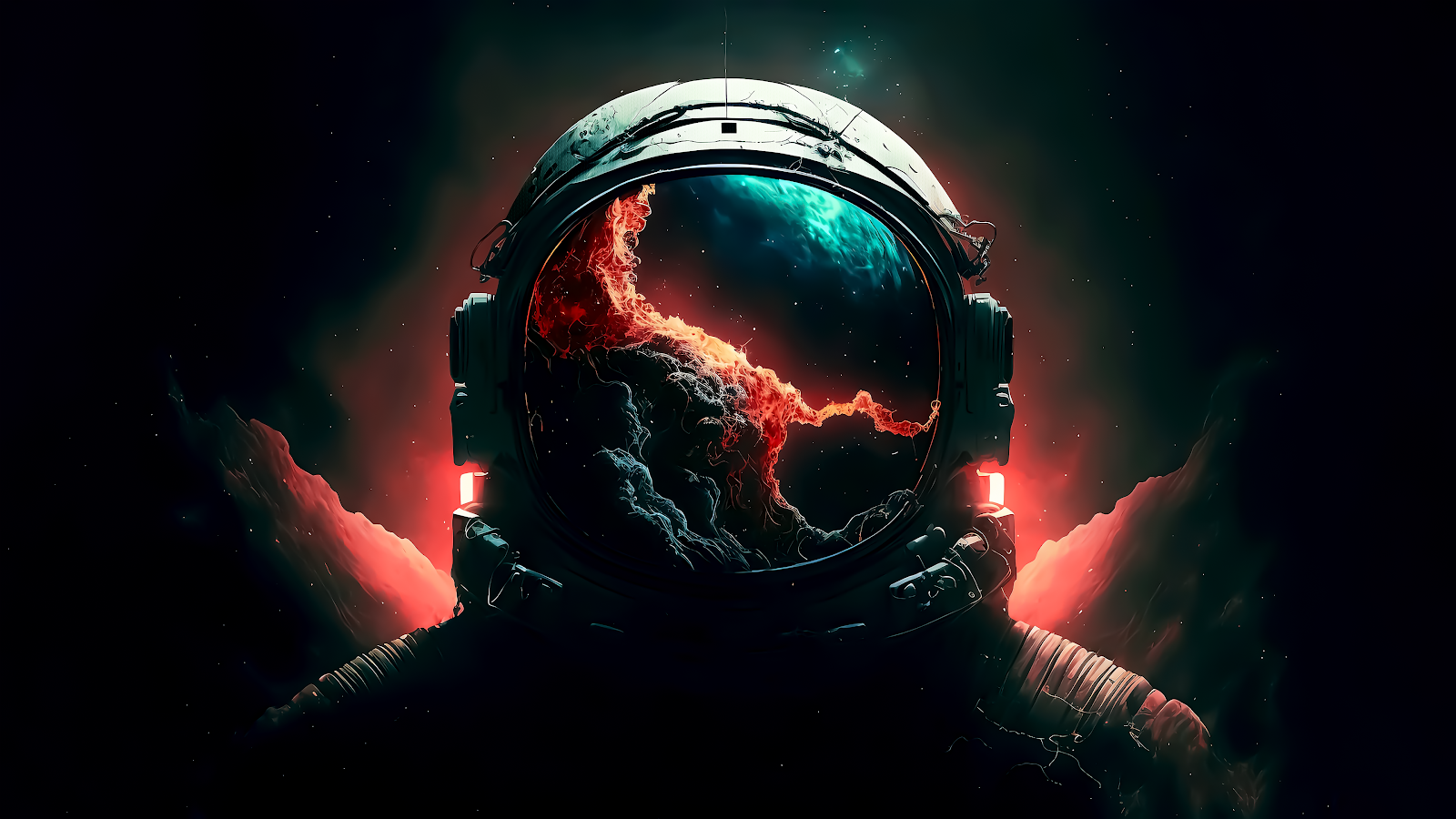 A 4K wallpaper featuring an astronaut in space with a vibrant nebula reflected in their visor