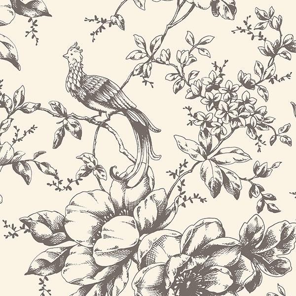 Gray Beige Toile With Birds Wallpaper Warehouse