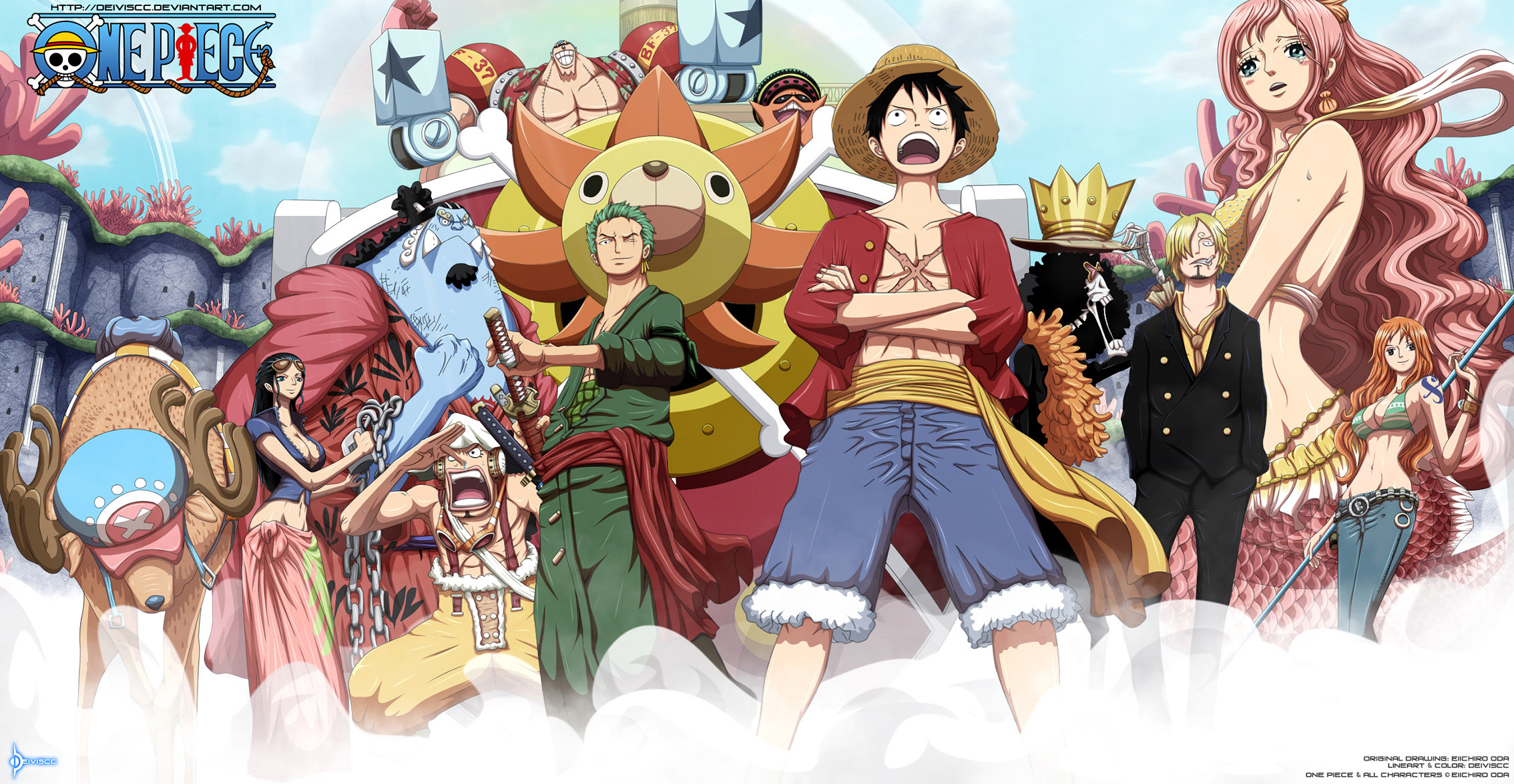 A vibrant wallpaper featuring the main characters from the One Piece anime, including Luffy, Zoro, Nami, and Sanji, posed against a backdrop of the Thousand Sunny ship and a tropical island