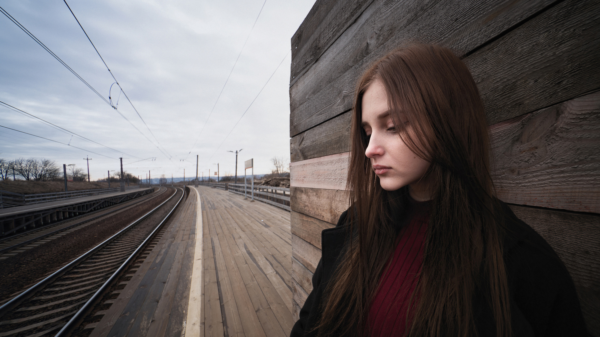 Sad Girl Railway Track On Back Laptop Full HD 1080p 4k Wallpaper Image