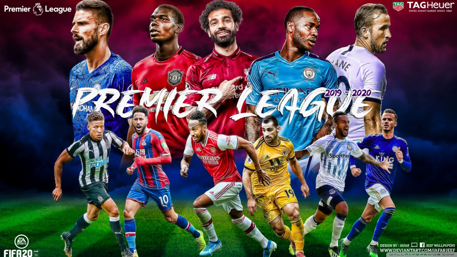 A collage of Premier League football players from the 2019-2020 season, featuring stars like Mohamed Salah, Paul Pogba, and Kevin De Bruyne