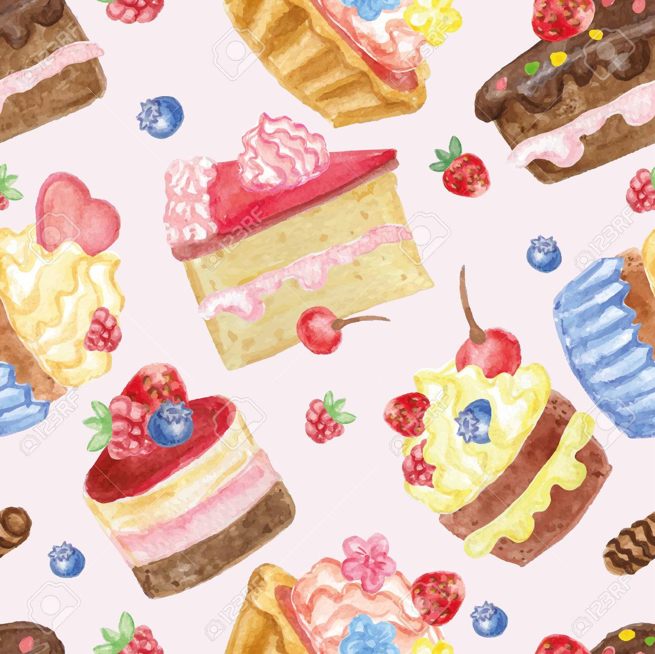 Watercolor Sweet Cakes Cupcakes Berries Seamless Pattern Vintage