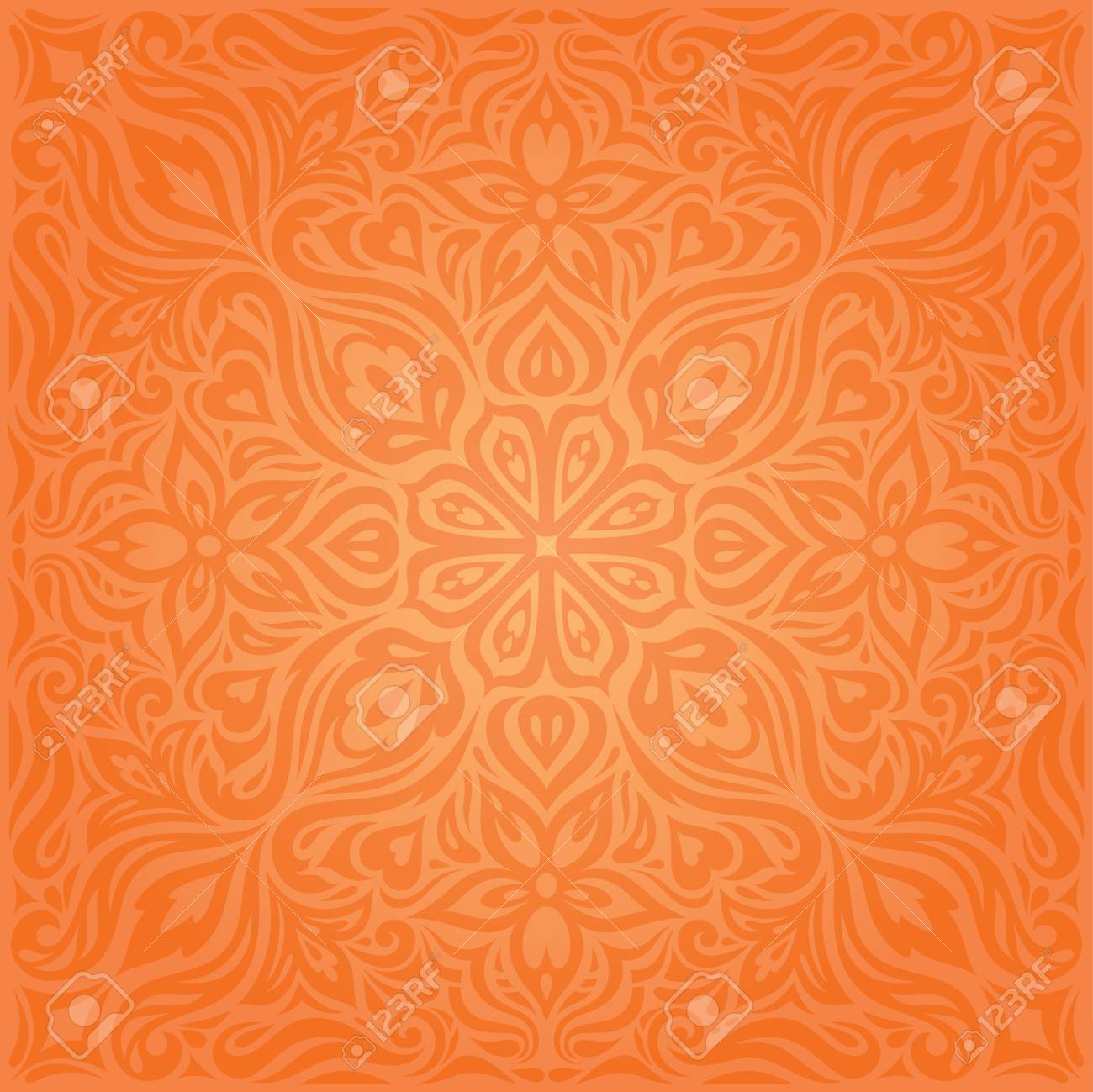 Flowers Orange Retro Style Colorful Floral Mandala Wallpaper